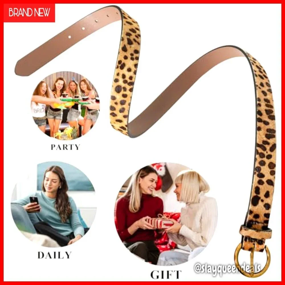 Leopard Print Belt with Copper Buckle Adjustable 27-44 Inches Faux Leather